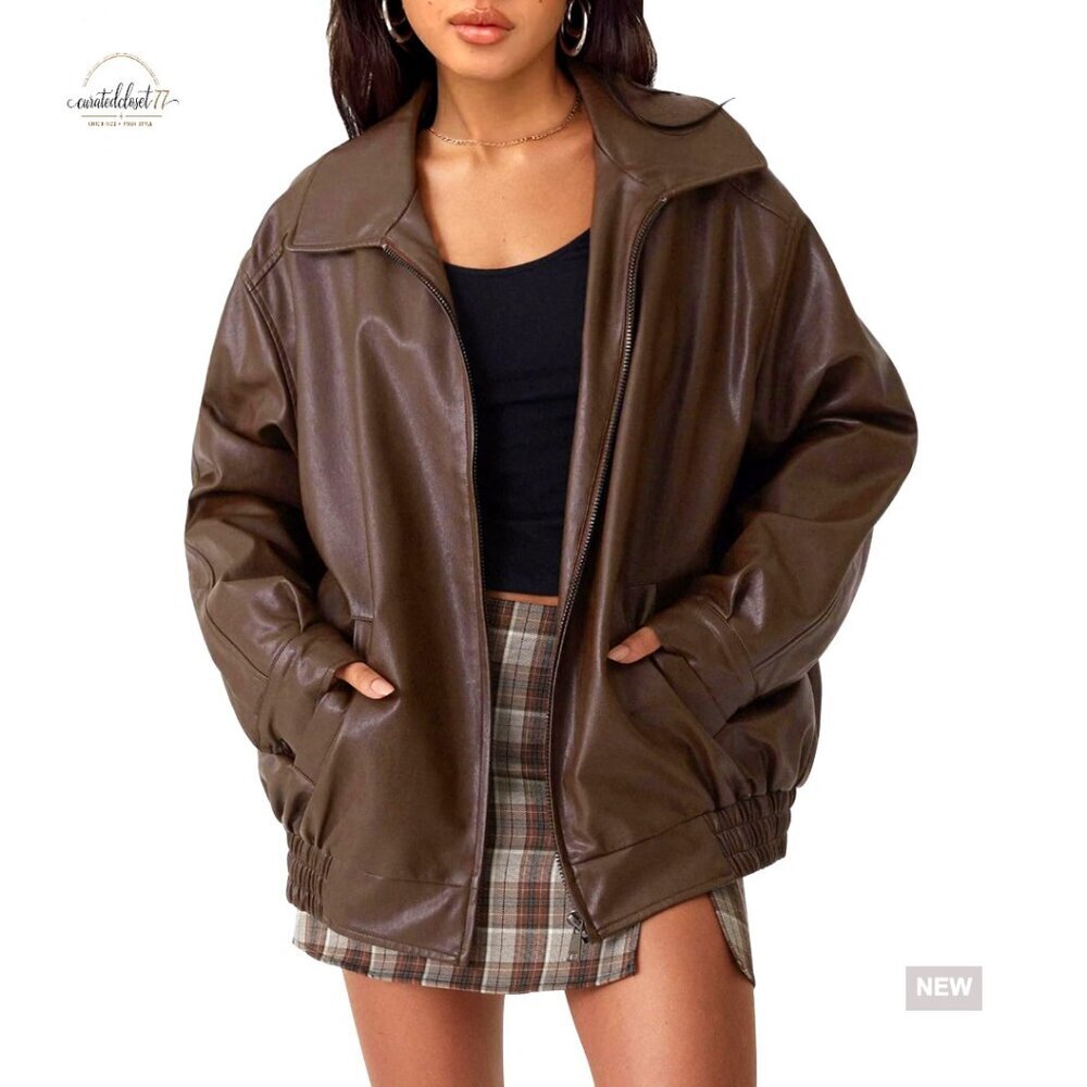 Oversized Faux Leather Motorcycle Jacket, Zipper Closure, Long Sleeve